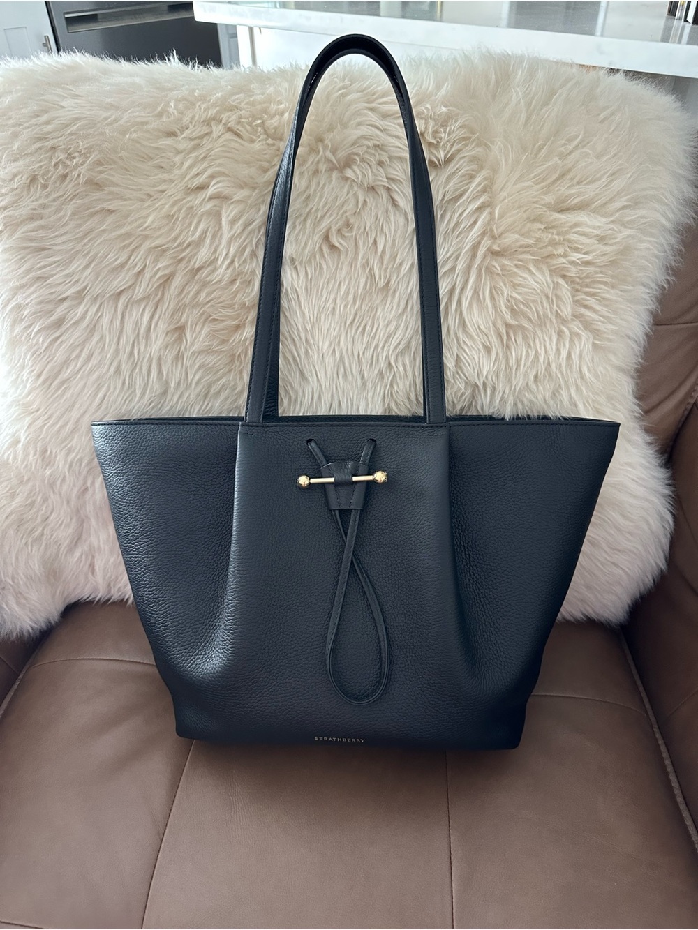 Strathberry Black Leather Tote Bag with Gold Accent